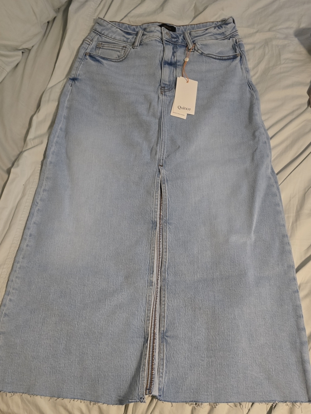Quince Light Blue Denim Midi Skirt with Front Zip Split